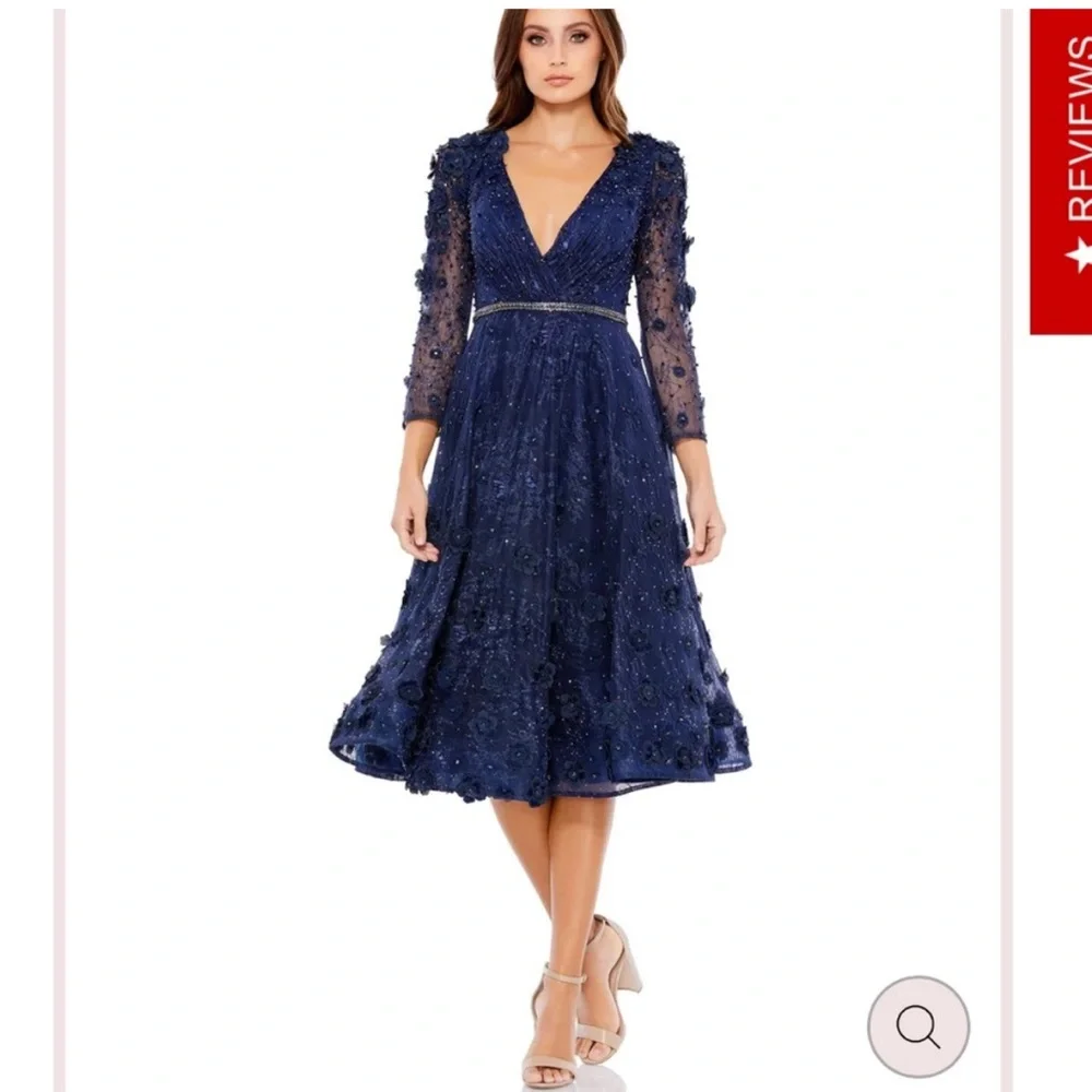 Mac Duggal 67809 Lace Floral Low V-neck Cocktail Midi Dress Gown Midnight 4 - Picture 1 of 10